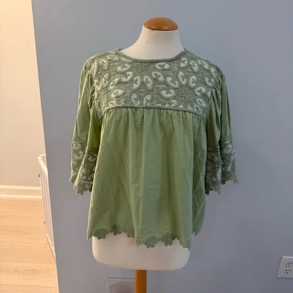 Free People like Sage Green Embroidered Peasant Blouse - Picture 1 of 5